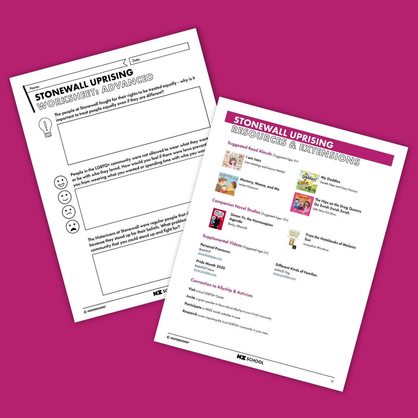 Two more pages of the HI School Stonewall Uprising Activity Pack are pictured. One page is titled "Worksheet: Advanced" and another is titled "Resources & Extensions"