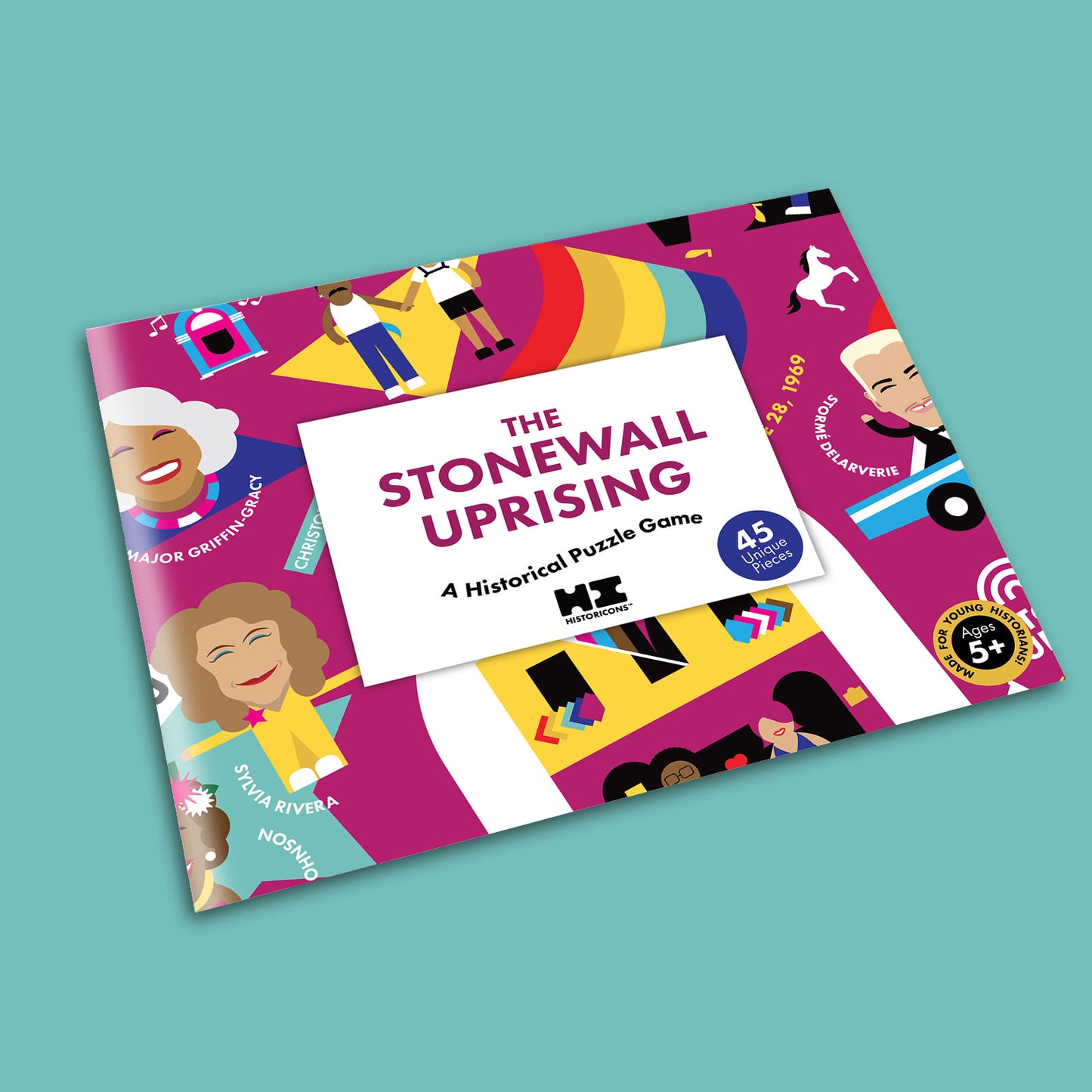 Pictured is the Historicons Stonewall Uprising kid's puzzle game in its packaging. The puzzle comes flat-packed in a glossy storage envelope for compact storage. Pictured is the front of the envelope, which is magenta and shows a zoomed in picture of some of the histoic icons and vignettes featured on the puzzle, along with text that says: The Stonewall Uprising, A Historical Puzzle Game. 45 Unique Pieces. Made for young historians ages 5+.