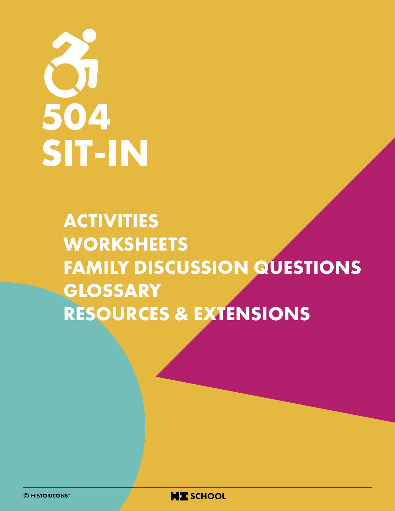 A colorful cover photo of the HI School 504 Sit-In activity pack is displayed, which shows a table of contents for fun diversity activities, Worksheets, Family Discussion Questions, Glossary, and Resources & Extensions to put allyship in action. 