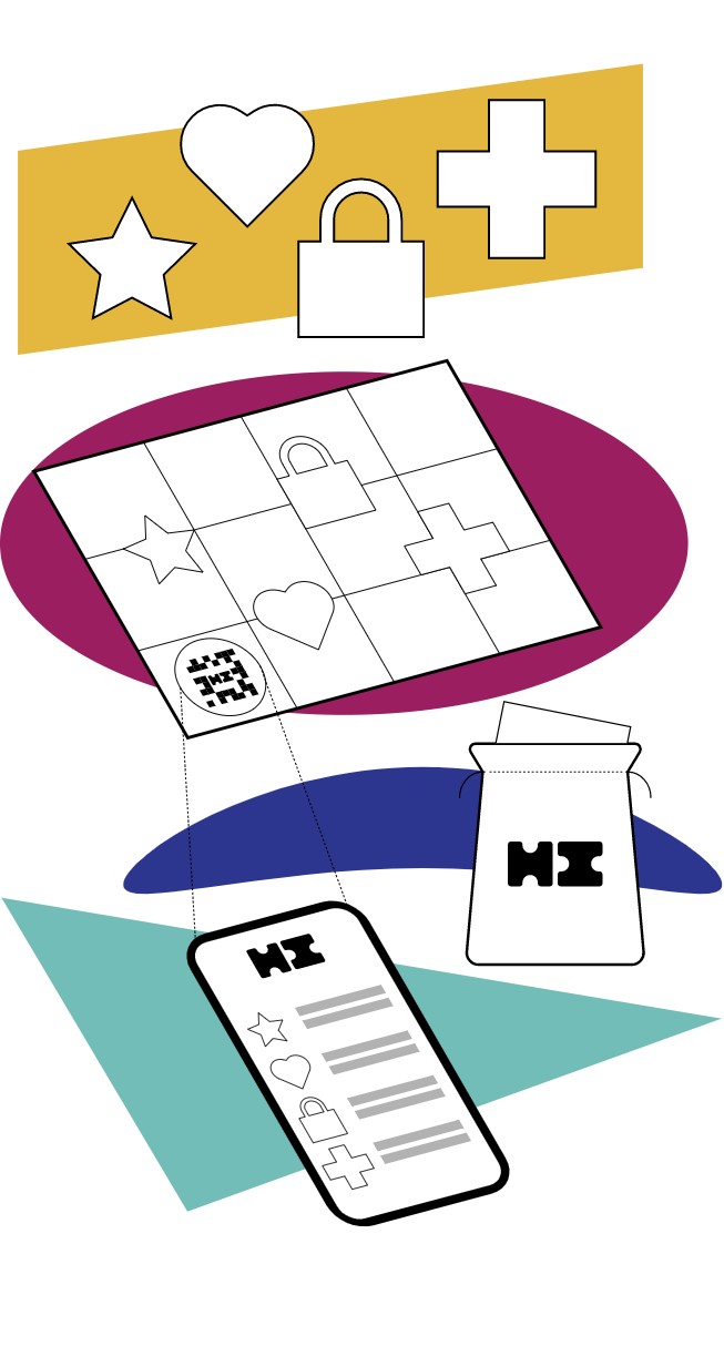Illustration depicting how Historicons puzzle games works. At the top is various unique shaped puzzle pieces, including a star, heart, and more. Below is an illustration of a puzzle with a QR code. A phone scanning the QR code links to Historicons website