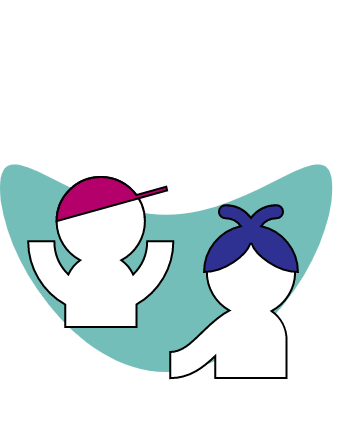 Cartoon of two kids. One is wearing a magenta ball cap and the other has a blue ponytail.