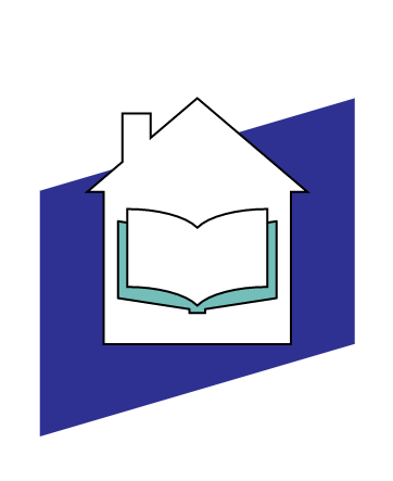 Basic icon of a home with a book in it.