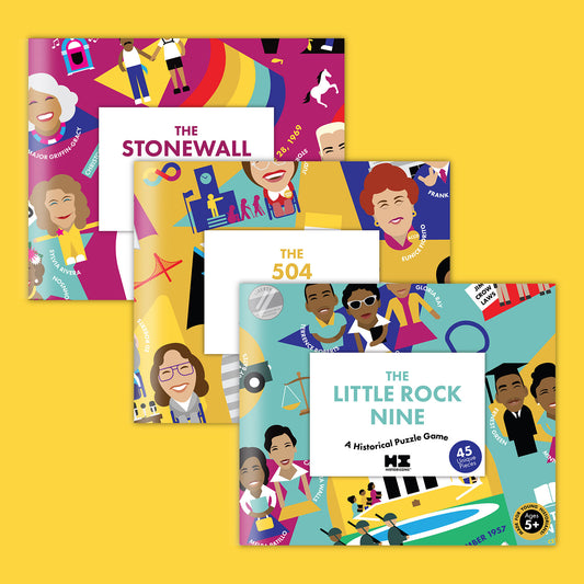 Pictured are all 3 packaged puzzles from Historicons debut collection, including The Stonewall Uprising, The 504 Sit-In, and The Little Rock Nine. The puzzles each come flat-packed in a glossy storage envelope for compact storage. Pictured are the front of the envelopes, which are magenta for The Stonewall Uprising, yellow for the 504 Sit-In, and teal for the Little Rock Nine puzzle. The puzzle packaging shows a zoomed in picture of some of the historic icons and vignettes featured on the puzzles.