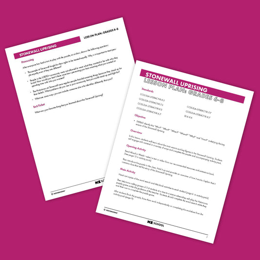 Pictured is a peak inside two pages of the Stonewall Uprising Lesson Plan. Titled Stonewall Uprising Lesson Plan Grades 6-8, the pages display subheadings for learning standards, activities to teach about LGBTQ+ history, and processing and exit ticket questions.