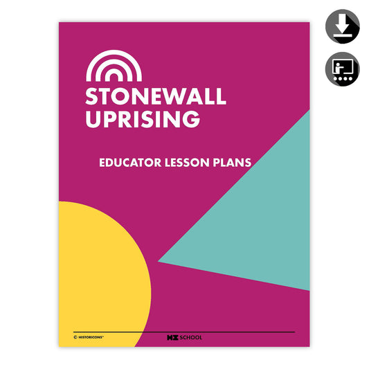 A colorful magenta, teal, and yellow cover photo of the HI School Stonewall Uprising educator lesson plans is displayed. A classroom symbol signifies that this classroom resource is suitable for use with elementary and middle school students. A download symbol signifies that the activity pack is available to download as a pdf.