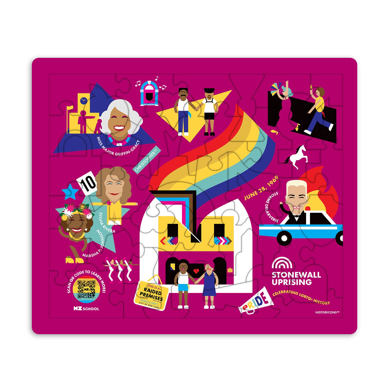 Celebrate LGBTQ+ History with the Historicons Stonewall Uprising children's jigsaw puzzle, pictured here. The puzzle is magenta and features original art with colorful vignettes of the Stonewall Uprising and historic icons who made it happen: including Miss Major Griffin-Gracy, Stormé DeLarverie, Sylvia Rivera, and Marsha P. Johnson. Custom puzzle piece shapes, including puzzle pieces shaped like a bow tie, two women holding hands, and more serve as storytelling guides and discussion prompts.