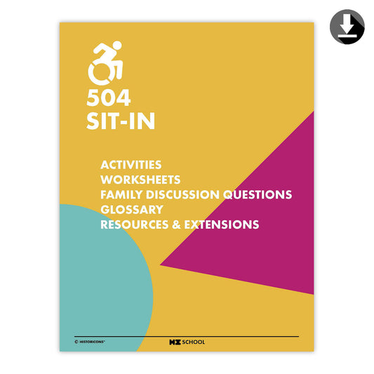 A colorful yellow, teal, and magenta cover photo of the HI School 504 Sit-In activity pack is displayed, which shows a table of contents for fun diversity activities, Worksheets, Family Discussion Questions, Glossary, and Resources & Extensions to put allyship in action. A download symbol signifies that the activity pack is available to download as a pdf.