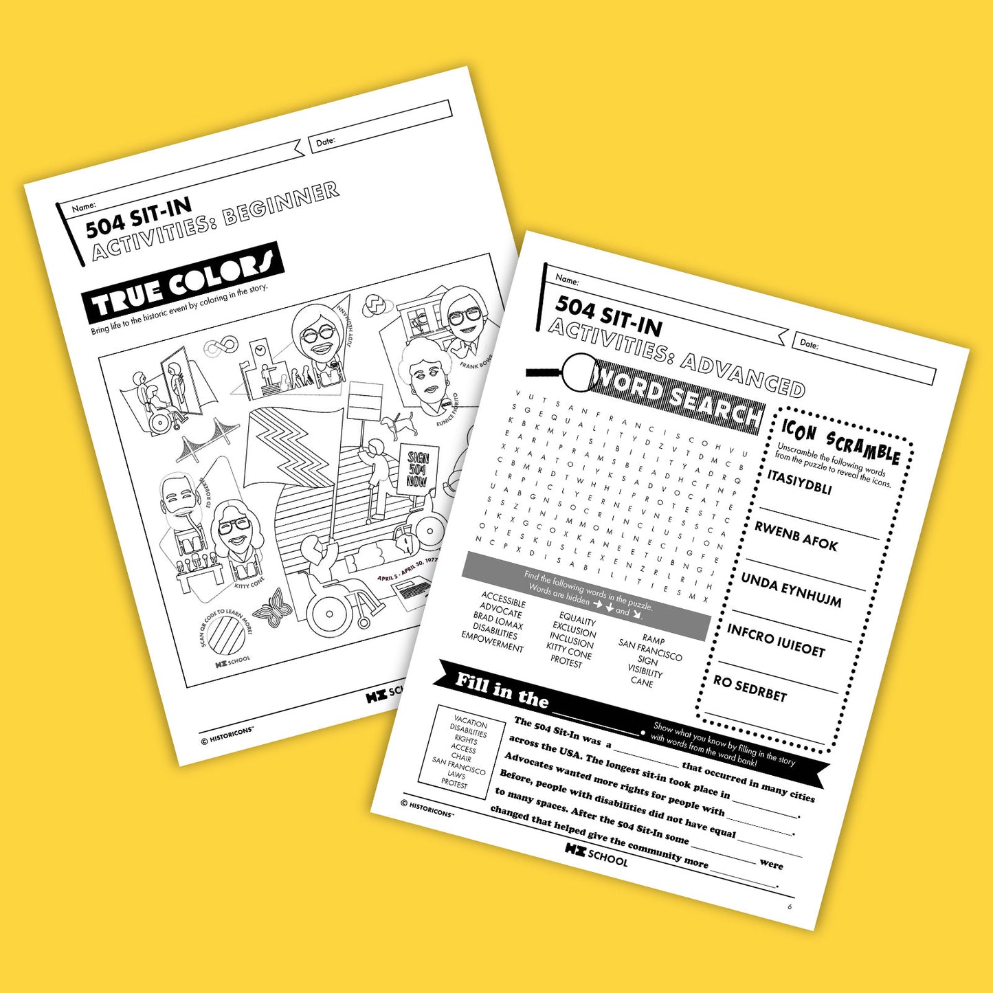 Two pages of the HI School 504 Sit-In Activity are pictured. One page is titled "504 Sit-In Activities: Beginner" and includes a coloring page of disability rights heroes. Another page is titled "504 Sit-In Activities: Advanced" and includes a word search, icon scramble, and fill in the blank activity.