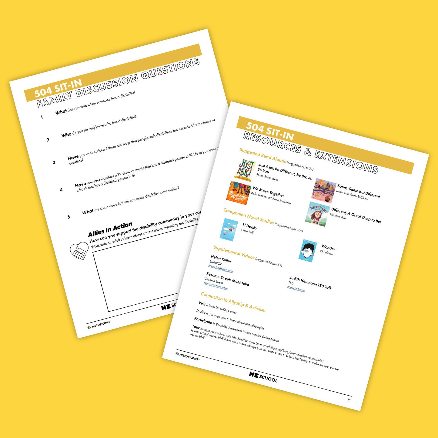 Two more pages of the HI School 504 Sit-In Activity are pictured. One page is titled "Family Discussion Questions" and another is titled "Resources & Extensions"