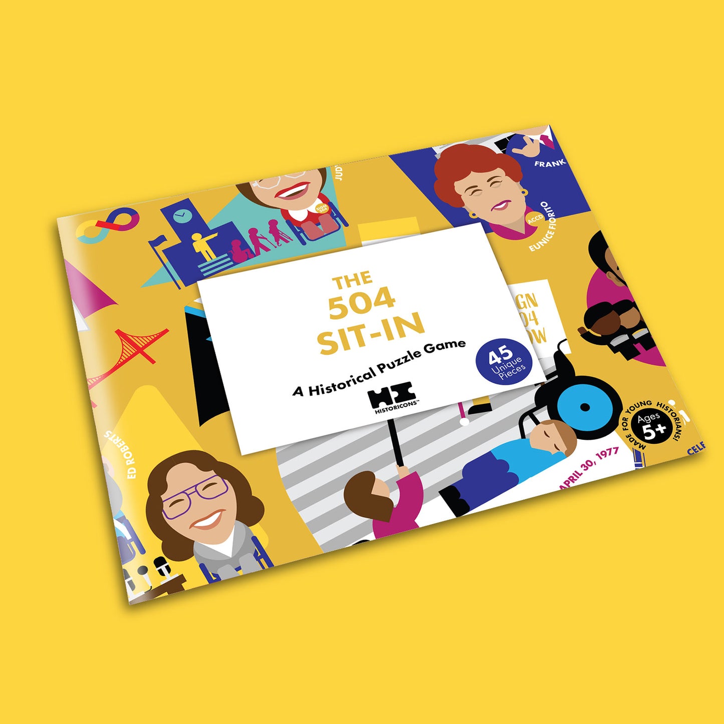 Pictured is the Historicons 504 Sit-In kid's puzzle game in its packaging. The puzzle comes flat-packed in a glossy storage envelope for compact storage. Pictured is the front of the envelope, which is yellow and shows a zoomed in picture of some of the historic icons and vignettes featured on the puzzle, along with text that says: The 504 Sit-In, A Historical Puzzle Game. 45 Unique Pieces. Made for young historians ages 5+.