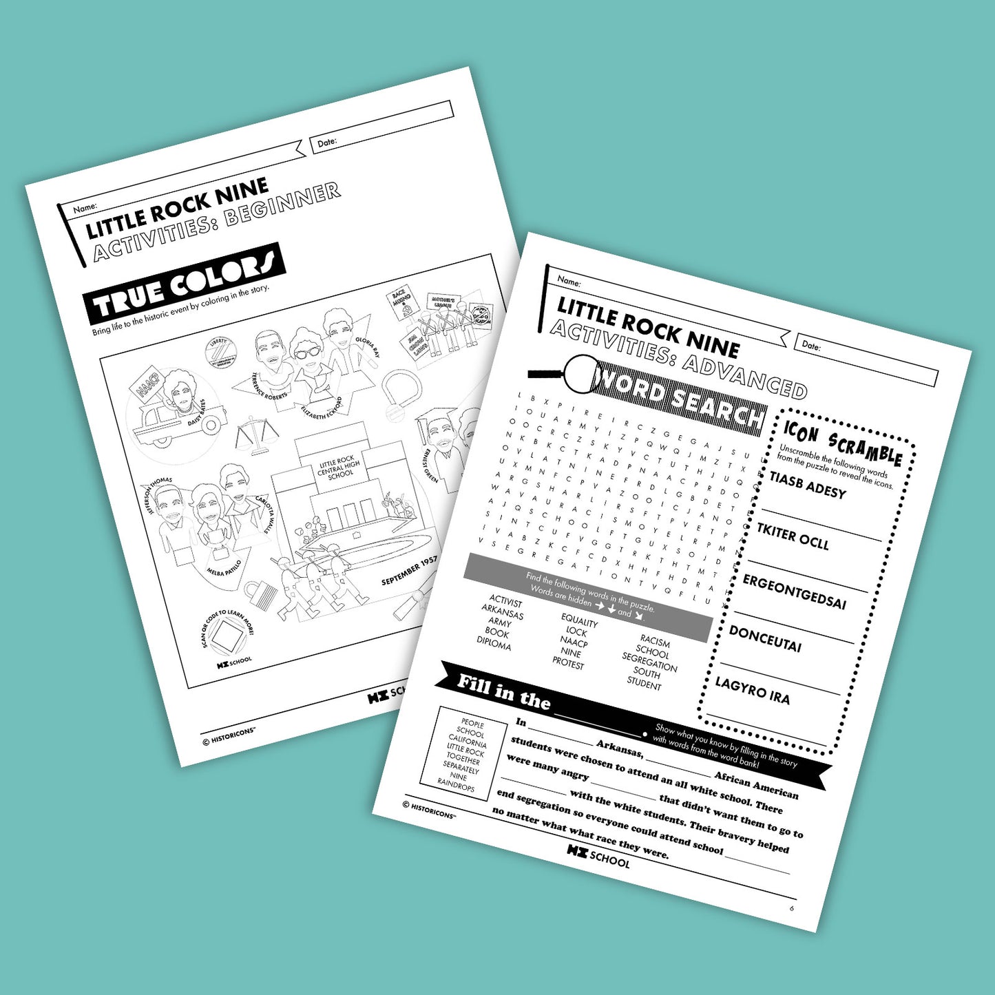 Two pages of the HI School Little Rock Nine Activity Pack are pictured. One page is titled "Little Rock Nine Activities: Beginner" and includes a coloring page of civil rights heroes. Another page is titled "Little Rock Nine Activities: Advanced" and includes a word search, icon scramble, and fill in the blank activity.