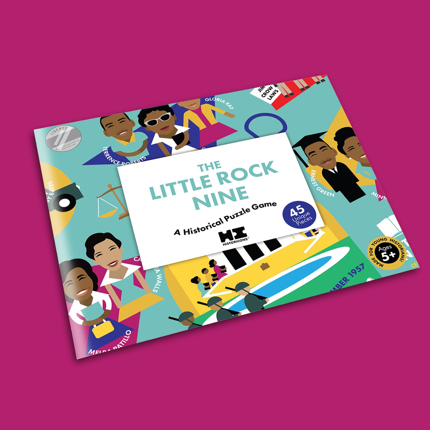 Pictured is the Historicons Little Rock Nine kid's puzzle game in its packaging. The puzzle comes flat-packed in a glossy storage envelope for compact storage. Pictured is the front of the envelope, which is teal and shows a zoomed in picture of some of the histoic icons and vignettes featured on the puzzle, along with text that says: The Little Rock Nine, A Historical Puzzle Game. 45 Unique Pieces. Made for young historians ages 5+.